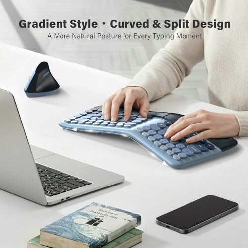 Image of MOFII Wireless Ergonomic Keyboard & Mouse Combo - Split Curved Keyboard with Wrist Rest (All-Day Comfort) + Wireless Vertical Ergonomic Optical Mouse, Compatible with PC /Laptop /Desktop- Blue Gradient