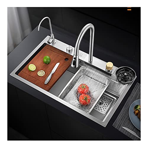 Évier de cuisine à cuve simple noir nano avec robinet extractible