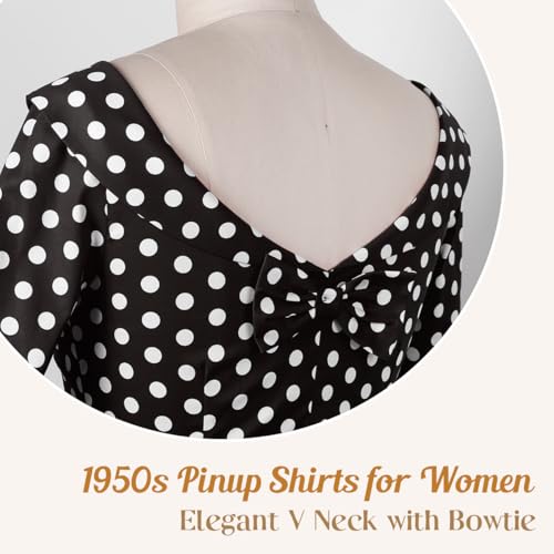 YARN & INK Women's 1950s Vintage Pinup Tops, Back Bow Tie Cute Rockabilly Elegant Shirt, Medium Sleeves Blouse4