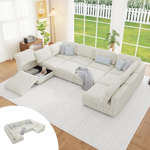 Image of 128 inch Cotton Linen Modular Sectional Sofa Bed with Hidden Storage, 10 Seat Convertible L U Shaped Sleeper Couch with Ottoman Chaise, Farmhouse Modular Sectional Couch with Removable Cover for Apartment