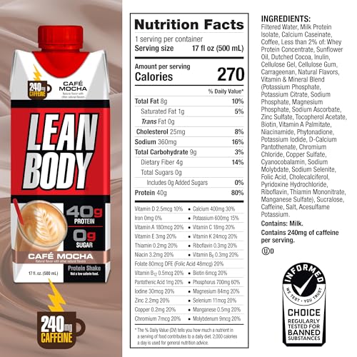 Image of Lean Body Ready-to-Drink Cafe Mocha Protein Shake, 240mg Caffeine, 40g Protein, Whey Blend, 0 Sugar, Gluten Free, 22 Vitamins & Minerals, (Recyclable Carton & Lid - Pack of 12) LABRADA