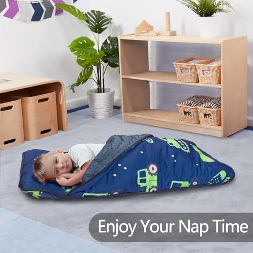 Image of Primlect Thickened Toddler Nap Mat with Removable Pillow and Minky Blanket, Extra Large 55''x35'' Sleeping Bag, Washable, Roll up, Perfect for Daycare, Preschool, Kindergarten, Boys (Excavator)
