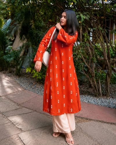 Image of Stylum Women's Rust Ethnic Printed Rayon A-Line Kurta Palazzo Set | Palazzo Kurti Set for Women