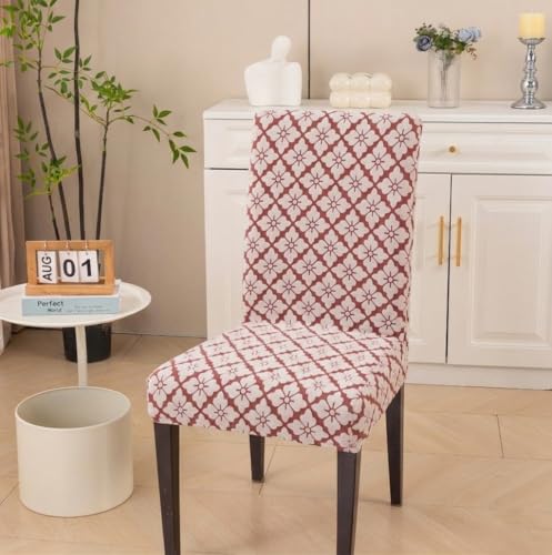 Image of HOMETHREADS Stretchable Elastic Jacquard Chair Seat Cover and Waterproof Dining Table Cover | Removable,Washable & Durable Chair Protector |for Dining Room (Maroon, 4Chairs+1Table Cover (150X180))