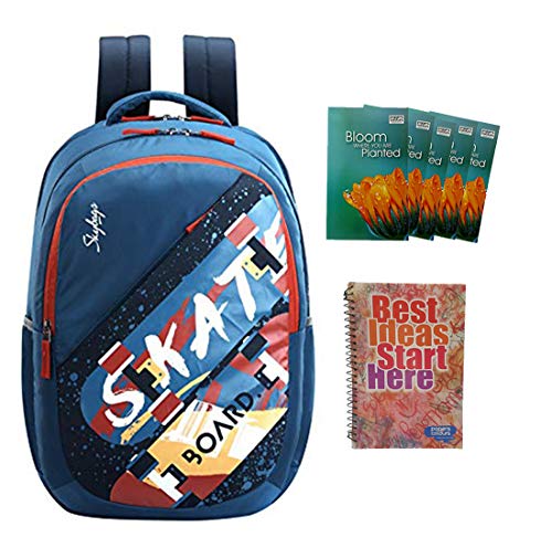 MaBelle ASTRO PLUS 01 SKYBAG Trendy Design 34L School/College Bag Combo with 1 Single Line Spiral Binding 200 Pages Notebook & 5 Register (108 Pages) ,-01 Set/Premium Materials/ - Teal Blue