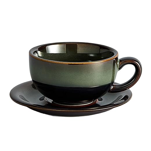 Coffeezone Vintage Design 12 oz Ceramic Latte Art Cappuccino Barista Cup with Saucer (Sea Grey)