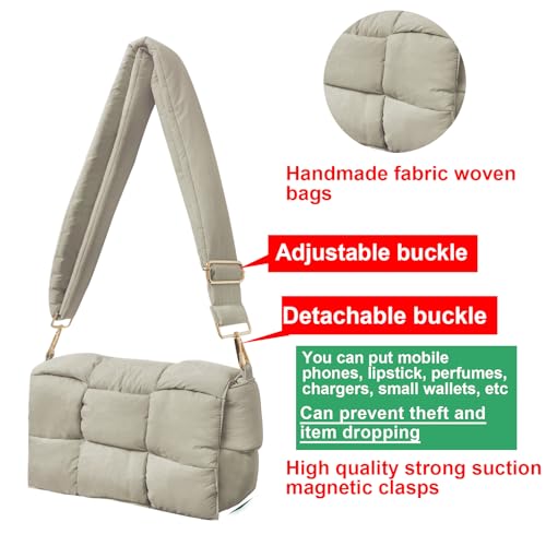 Image of Shoulder Bag Lightweight Puffer Tote Crossbody Bag Handwoven for Women | waterproof nylon, durable, soft padded texture, versatile for travel, work, weekend, everyday, adjustable strap