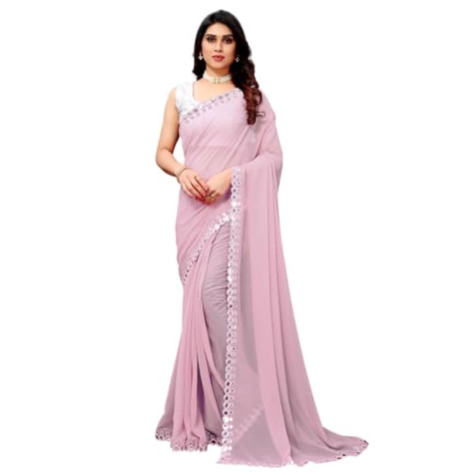 Georgette Embroidery Mirror Work Saree with Contrast Art Silk Blouse Piece | Lightweight Comfortable Drape | Stylish Border Detailing | Soft Flowing Fabric | Designed for Elegant Looks-image-23