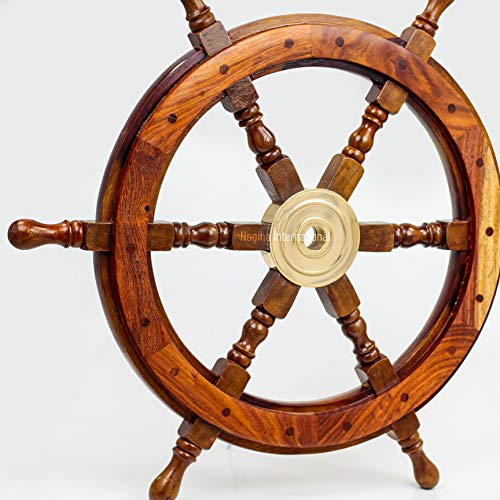 Image of Natural Wood Handcrafted Ship Wheel with Inlayed Brass Anchor and Rippets| Ocean Maritime Navy Decor | Nagina International (12 Inches)