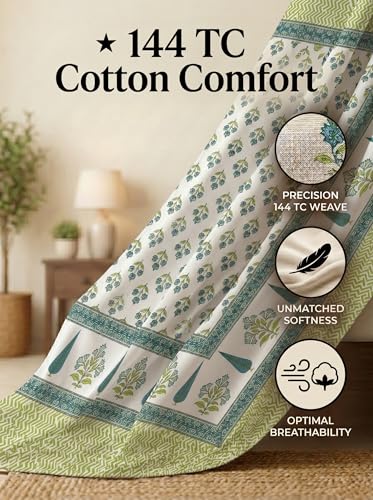 Image of Mafatlal 144 TC Heritage 100% Cotton Single Size Bedsheet (90x60 inches) with Matching Pillow Cover | Soft & Comfortable | Elegant Printed Heritage Design | Pista Green
