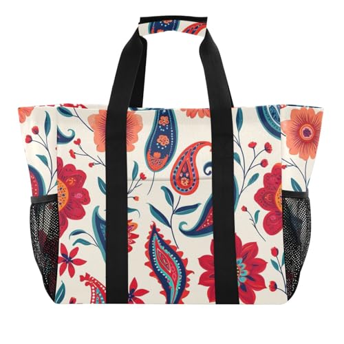 Red Floral Paisley Large Beach Bag Waterproof Beach Tote Bags for Women Travel Gym Pool