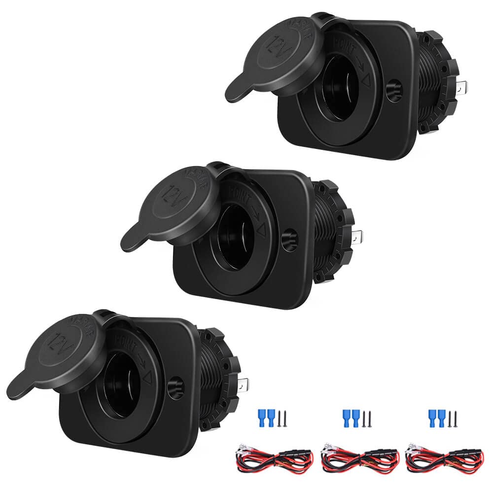 Riseuvo 3 Pack 12V Cigarette Lighter Socket, DC Waterproof Female Power Outlet Socket Replacement with Fuse, Wires and Screws for Car Marine RV ATV
