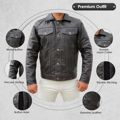 Image of Vintage Style Trucker Jacket Men - Classic Fashion Motorcycle Leather Jacket for Men Collar Jackets For Mens