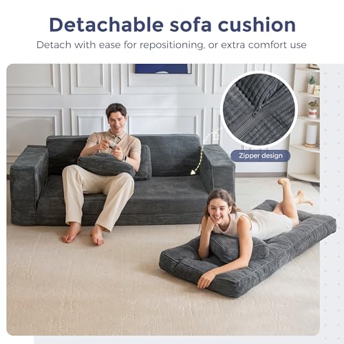 Image of MAXYOYO Convertible Sofa Bed, Pull Out Oversized Loveseat Sofa Couch, 2 in 1 Folding Couch Bed, Fold Out Floor Couch with Pillows for Living Room Lounge, Dark Grey