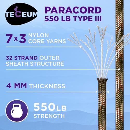 Image of TECEUM 5 /32 inch Paracord Rope 1000 - 1000ft / 200ft / 100ft / 50ft - Tactical Parachute Cord 4mm - 45+ Colors - Nylon String for Survival & Camping Gear - Stripe Cord for Survival - Utility Rope