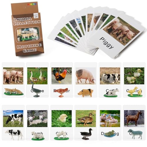 MEROCO Montessori Animal Match - Miniature Farm Animal Toy Figurines with Matching Cards Montessori Language Materials Preschool Learning Toy NEWT033