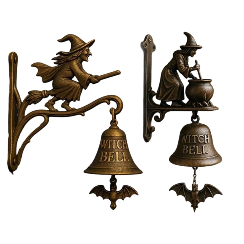 Vintage Witch Doorbell,Cast Iron Halloween Door Hanger With Halloween Witch On Broom, Outdoor Decorative For Porch, Garden, Front Door, Witchs Decor And Everyday Decoration (A+B)