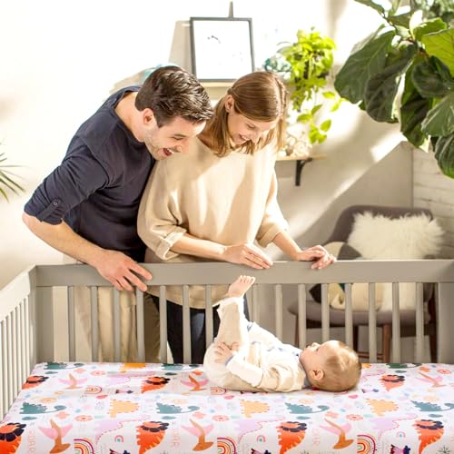 Image of JISEN Baby Crib Sheet 1 Piece Portable Fitted Crib Sheet for Standard Crib and Toddler Mattresses Nursery Bed Decor for Boys Girls 28x52 Inch Multicolor Dinosaurs