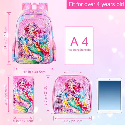 Image of HPJGD 3PCS Girls Mermaid Backpack, Water Resistant Kids Sequins Bookbag Set with Lunch Box,Cute Elementary School Bag for Preschool Toddler