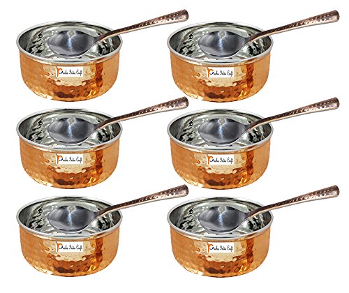 Prisha India Craft Steel Copper Serving Bowl with Spoon, Capacity 180 ML, Set of 6