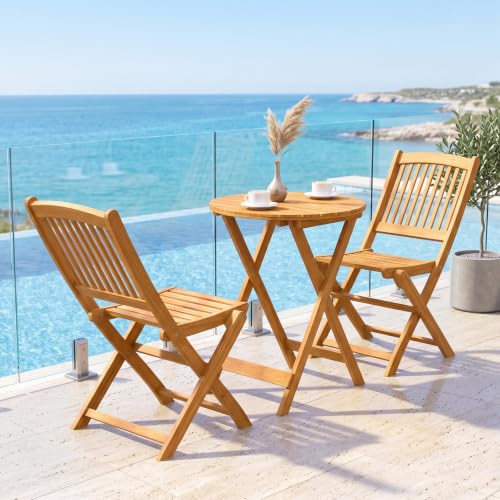 Image of Tangkula 3 Piece Patio Folding Bistro Set, Outdoor Acacia Wood Chair and Table Set w /Padded Cushion& Round Coffee Table, Ideal for Indoor Patio Poolside Garden (Black)