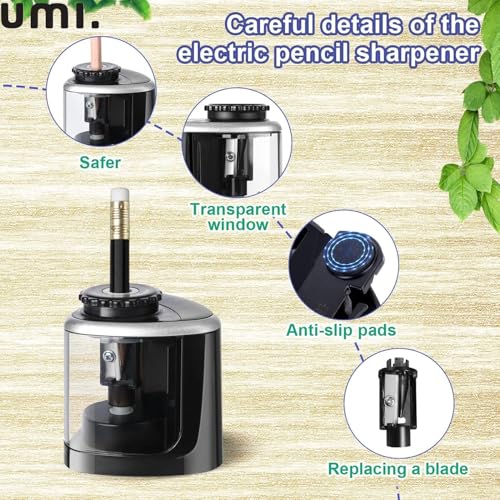 Image of Amazon Brand - Umi Electric Pencil Sharpener, Portable Battery-Powered Sharpener with Transparent Shavings Box, Fits 6-8mm Pencils, Dual Automatic & Manual Modes for School, Office, Home Use (Black)