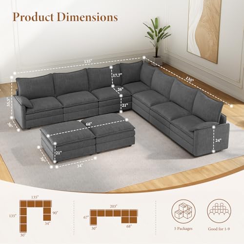 Image of Vesgantti Large Modular Sectional Sofa, Big Comfy Cloud Couch with Ottoman Deep Seat Chenille Cloud Sofa, 9 Seater Large Sectional Couches for Living Room, Bedroom and Apartment, Gray
