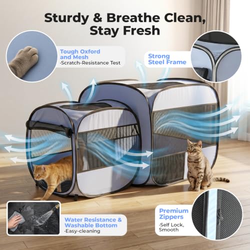 Image of 2-in-1 Portable Cat Playpen, Detachable into 2 Separate Cages with Additional 2 Doors, Pop up Pet Play Pen Cat Tent House, Foldable Puppy Enclosure Kitten Crates Indoors Outdoor(Grey)