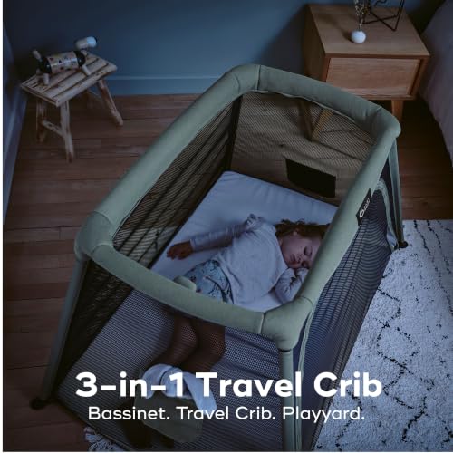 Image of Babymoov Moov & Comfy 3-in-1 Lightweight Travel Crib, Baby Play Yard, and Infant Bassinet, Sage