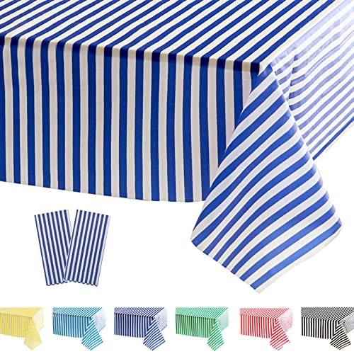 POPOYU 2 Pièces Nappes Jetables Rectangulaire, Nappe Anniversaire Nappes à Rayures Bleu foncé et Blanches, 137x274cm Nappe Jetable Plastique Fete pour...