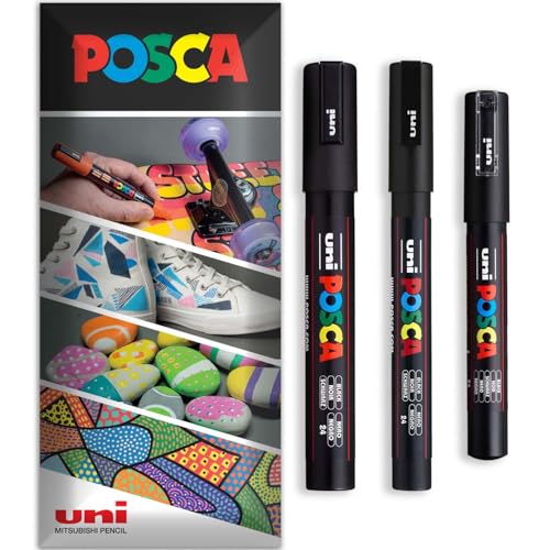 Posca Lot de 3 marqueurs permanents à base d'eau - Utilisation multi-surfaces - PC-1M, PC-3M, PC-5M - Lot de 3 stylos dans un étui (noir)