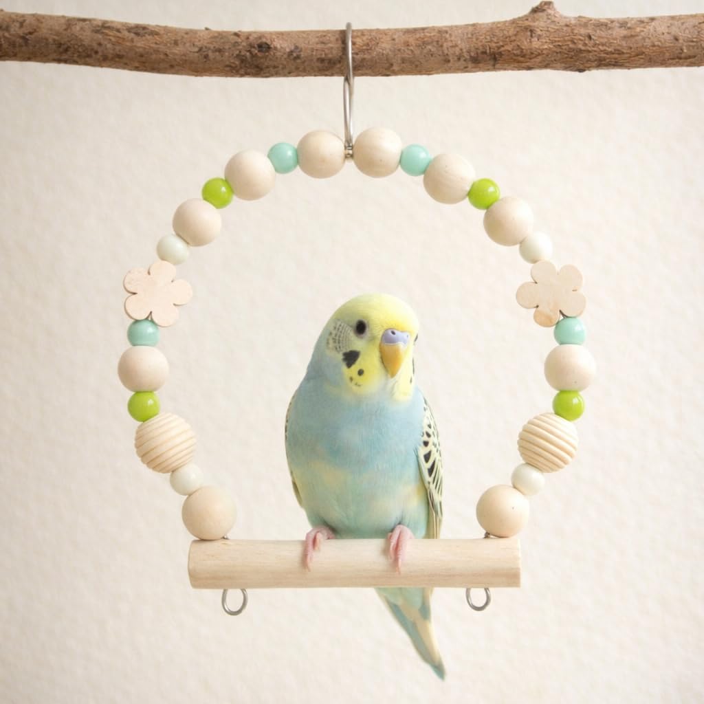日本製 安心安全素材 天然木 セキセイインコ 文鳥 小鳥 ブランコ スイング Sサイズ おもちゃ アスレチック ステンレス 小動物にも タイプNA (Sサイズ 約14×14(cm) 小鳥用, NA21：黄緑) - 2