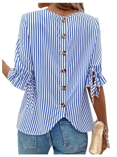 SweatyRocks Women's Button Back Decor Half Sleeve Crewneck Striped Blouse Tops