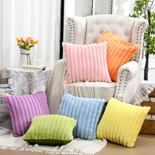 Mixweer 6 Pcs Easter Faux Fur Plush Throw Pillow Covers 18x18 Inch Pastel Soft Fluffy Striped Decorative Pillow Covers with Velvet Back for Sofa Couch Cushion Bedroom, Home Classroom Spring Decor