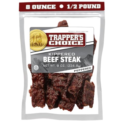 Image of Old Trapper, Trapper's Choice Peppered Kippered Steak, Eight-Ounce Individual Package, Spicy Meat Snacks, 11 Grams of Protein and 70 Calories Per Serving (Pack of One)