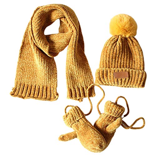 Gpzj 3 In 1 Kleinkind Kinder Winter gerippt Strick warme Mütze Schal Handschuhe Set Glitter einfarbig gefesselte Beanie Cap Shawll Fäustlinge mit Schnur 2-8T - 1# Cover