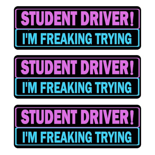 Image of 3 Pack Student Driver Magnet for Car, Magnetic Student Driver Sign for Vehicle, Reflective Warning Bumper Sticker Magnet Sign for New Driver, 10 inch x 4 inch (Black-PinkBlue)