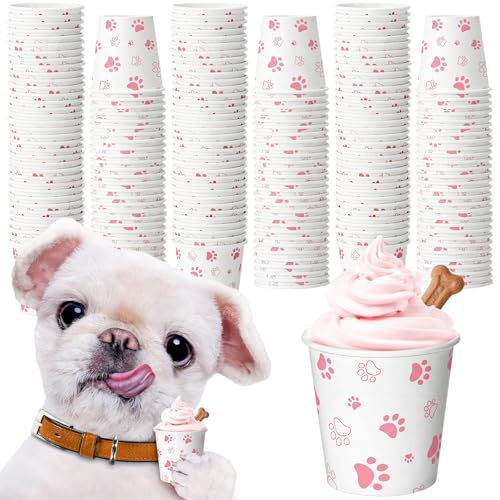 Yungyan 100 Pcs 3 oz Tiny Pup Cups for Dogs Mini Whip Cream Disposable Paper Cups Mini Puppy Dog Paw Pattern Snack Container for Puppy Food Treat Feeding Pet Theme Party Supplies (Light Pink)