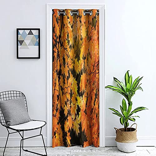 Doorway Curtain Panel Room Divider Solid Blackout Curtains, Fall Grommet Drapes Darkening Window Treatment, Leaves of Autumn Maple Tree Branches with Sunbeams Print Door Curtain, 1 Panel,39 x 78 Inch