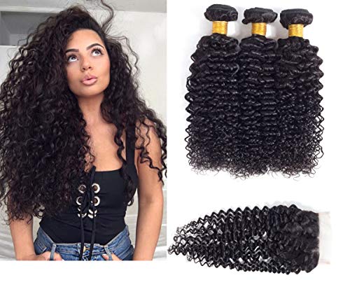 10A Brazilian Curly Bundles with Closure Unprocessed Virgin Curly Human Hair Weave 3 Bundles with Lace Closure Natural Color (14 16 18 with 14 Inches)