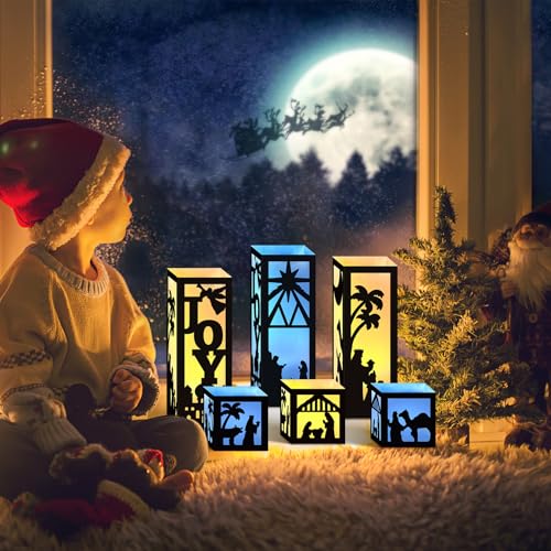 Image of HOWAF 6pcs Nativity Christmas Luminary Boxes with 6 Lameless LED Candles, Jesus Christmas Luminary Candle Boxes for Religious Christmas Jesus Birthday Xmas Party Decor Paper Lanterns Boxes with Lights