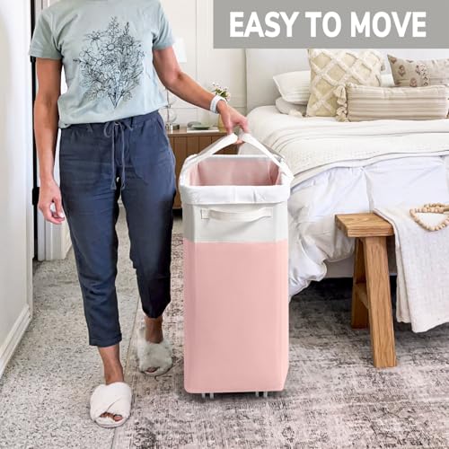 Image of Goodpick Laundry Basket with Wheels 2-Pack, 75L Tall Clothes Hamper, Large Laundry Basket with Removable Wash Bag for Corner Dorm, Rolling Hamper, Pink&White