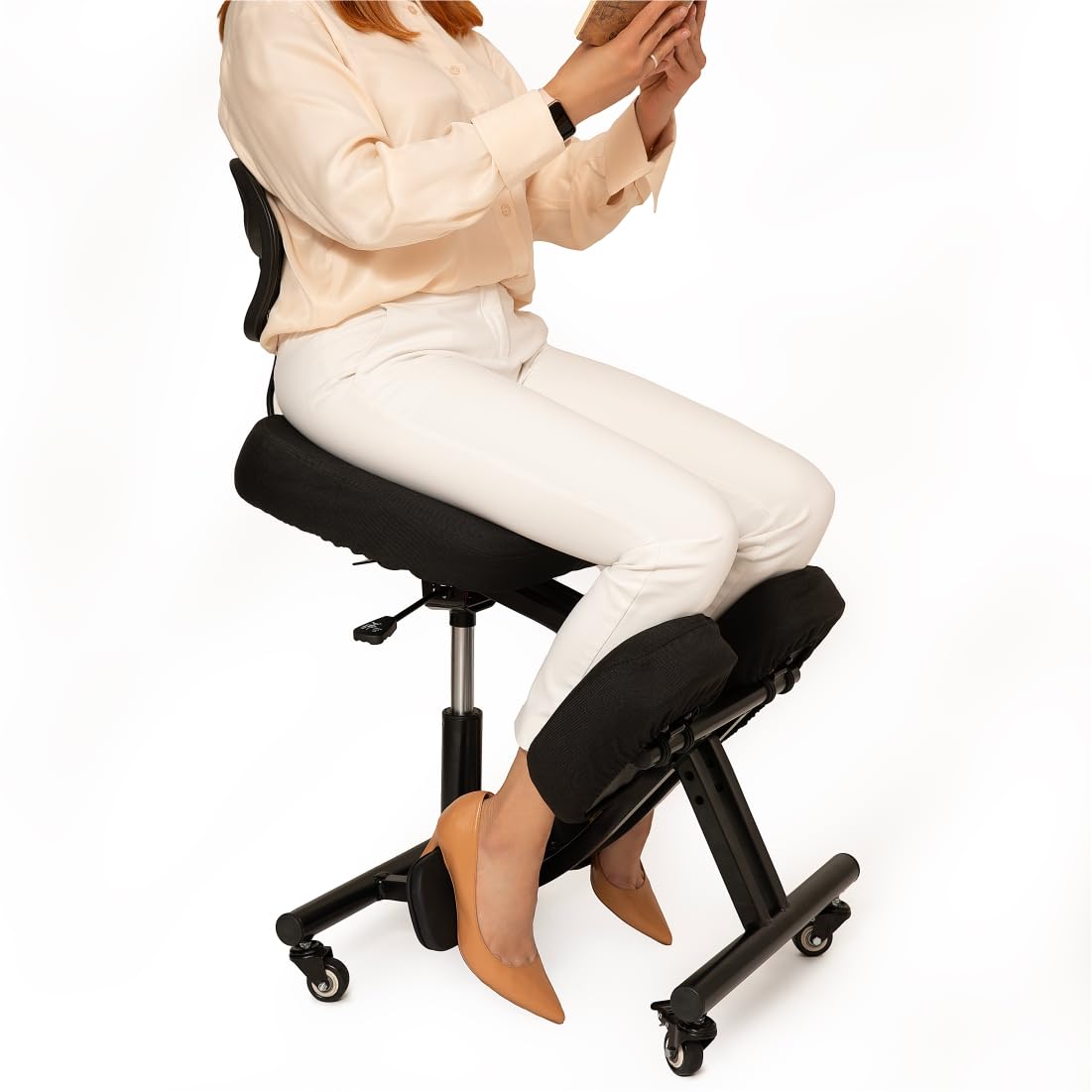 BLACK POINT O'KNEEL Pro – Chaise Ergonomique en Lin avec Repose-Genoux | Chaise réglable avec Dossier Respirant et roulettes | Améliore la Posture et réduit la Douleur | Housse en Lin Noir Incluse