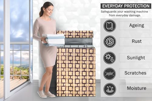 Image of Stylista PVC Washing Machine Cover Compatible for Godrej 7.5 Kg Fully-Automatic Top Loading WTEON MGNS 75 5.0 FDTG MTBK, Lattice Pattern Beige