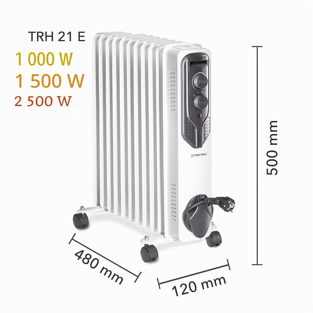 TROTEC Radiateur bain d'huile TRH 21 E, 3 niveaux de puissance, 2500W, thermostat réglable, 11 ailettes, chauffage silencieux avec fonction antigel