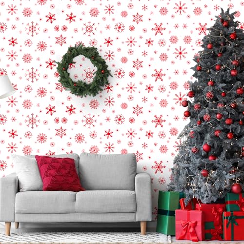 Image of Kochorie 100 Ft x 54 Inch Red Snowflake Tablecloth Roll with Cutter Box Christmas Themed Snowflake Printed Cut to Size Table Cover Disposable Winter Backdrop for Frozen Birthday Party Supplies