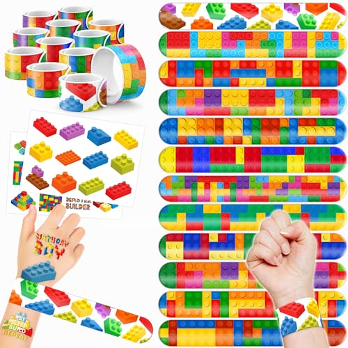 48PCS Building Block Party Favors - 24PCS Tattoos & 24PCS Slap Bracelets - Birthday Party Supplies, Classroom Prizes, Carnival Gifts, Christmas Decorations for Boys & Girls
