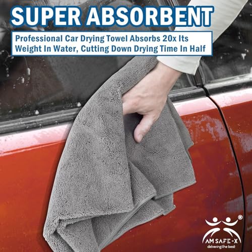Image of AM Safe-X Microfiber Cloth for Car 350 GSM 40x40 cms 4 Pcs Grey Twisted Loop Super Absorbent Towel, Edgeless Design with Plush Pile & Lint Free Cloth for Drying & Detailing