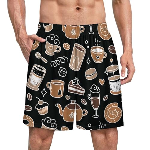 Cartoon Coffee Pattern Comfy Shorts Pajama Shorts Beach Pants Sleepwear for Men