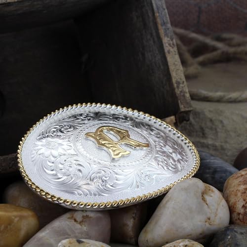 Image of Montana Silversmiths Initial Engraved Gold Trim Western Belt Buckle